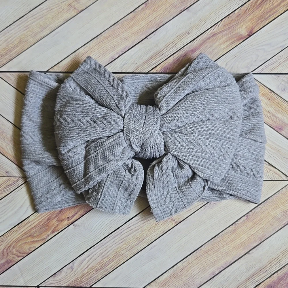 Cable Knit Baby Girl Headband Soft Ribbed Turban Bow Grey Infant Hair Photo Prop